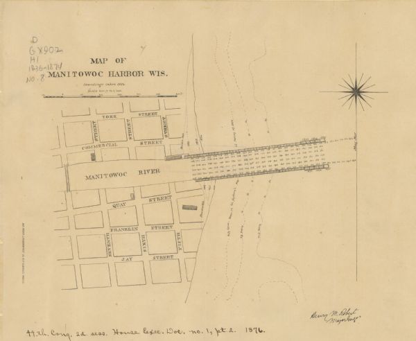 This map shows piers, streets, the Manitowoc River and shore lines of 1856, 1869, 1873 and 1874. The top margin reads; "Soundings taken 1974." Written in ink, the bottom margin reads: "44th Cong. 2d. sess. House Exec. Doc. no. 1, pt. 2, 1876."