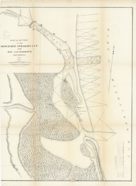 This map shows bay and harbor soundings, the Milwaukee River, and select buildings. Depths are shown by soundings and relief is shown by hachures. The top margin reads: "Senate Ex. Doc. No. 1 [sic] Session, 33rd Congress."
