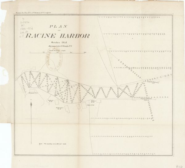 This map shows warehouses and proposed extensions of piers. "Note: The soundings are in feet and tenths." The upper left margin reads: "Senate Ex. Doc. No. 1. 1st Session, 33rd Congress."
