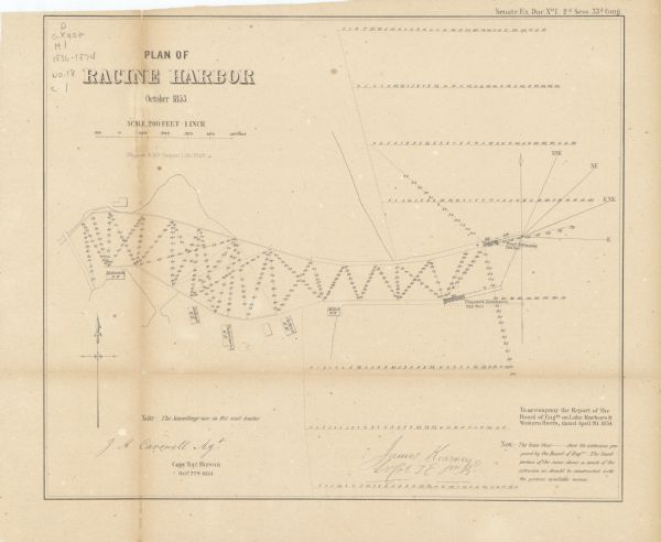 This map shows warehouses and proposed extensions of piers. Also included are notes on soundings and the proposed extensions. The upper right margin reads: "Senate Ex. Doc. No. 1. 2d Sess., 33rd Congress." The lower right margin reads: "To accompany the Report of the Board of Eng’rs on lake harbors & western rivers, dated April 20, 1854."