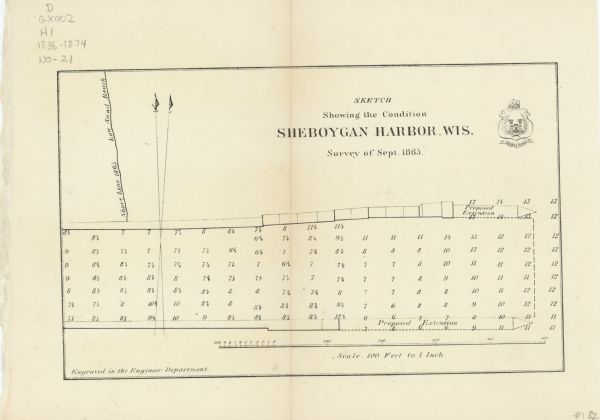 This map shows the harbor with proposed extensions and the shore line as it appeared in 1865. Depths are shown by soundings.