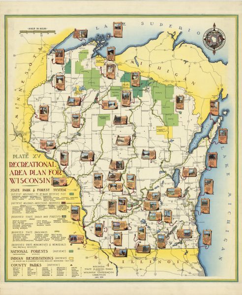 This illustrated map shows counties, highways, rivers, roads, present and proposed state parks and forests, proposed state parkways, proposed state monuments and memorials, national forests, Indian reservations, and county parks. Lake Michigan and Lake Superior are labeled. 
