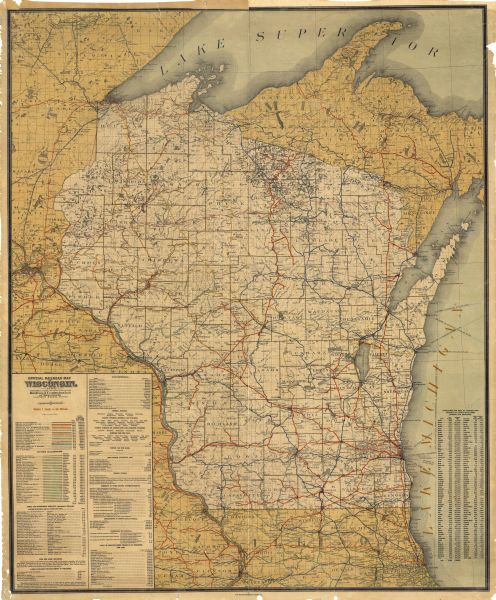 This map shows counties, roads, Lake Superior, Lake Michigan, and  portions of surrounding states. Also included is a list of railroads showing miles and gross earnings (1907), statistical tables and a list of counties giving area, population (1905), county seat, distance from Madison, and distance from Milwaukee. Statistical tables include information on street and interurban railways, fish and game, lands available for settlement, schools, and value of manufactured products (1905).