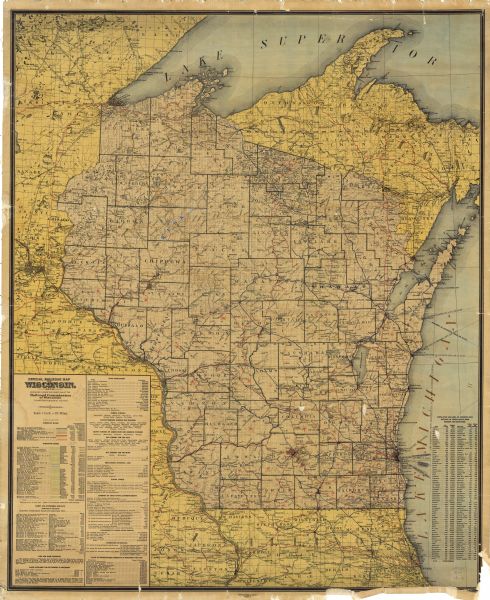 This map shows counties, roads, Lake Superior, Lake Michigan, and portions of surrounding states. Also included is a list of railroads showing miles and gross earnings, statistical tables and a list of counties giving area, population, county seat, distance from Madison, and distance from Milwaukee. Statistical tables include information on street and interurban railways, fish and game, lands available for settlement, schools, and value of manufactured products for 1909.  There are manuscript annotations in pencil and red ink.