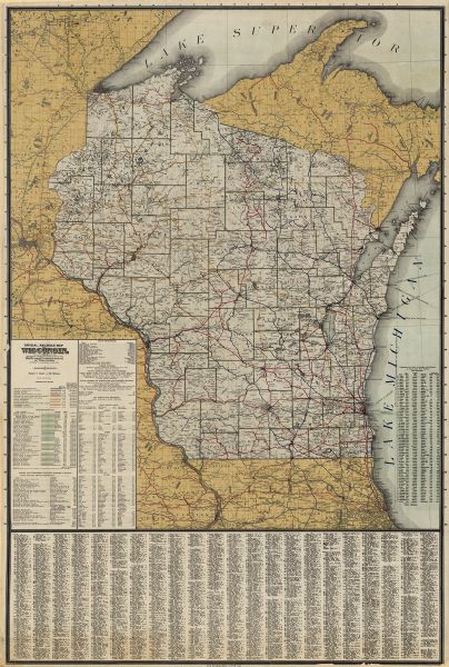 This map shows counties, roads, Lake Superior, Lake Michigan, and a portion of Illinois, Iowa, Minnesota, and Michigan. Also included is a list of railroads showing miles and gross earnings, lists of street and interurban railways, state institutions, schools, Indian reservations, and waterways.