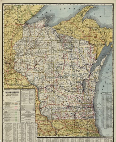This map shows counties, roads, Lake Superior, Lake Michigan, and portions of surrounding states. Also included is a list of railroads showing miles and gross earnings, statistical tables, an index of cities and towns, and a list of counties giving area, population, county seat, distance from Madison, and distance from Milwaukee. Statistical tables include information on street and interurban railways, schools, and Indian reservations.