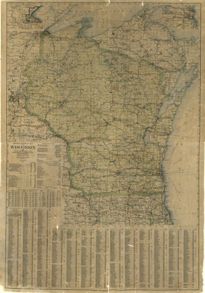 This map shows counties, roads, Lake Superior, Lake Michigan, and portions of surrounding states. Included is an index to cities, villages and other places, lists of railroads showing miles, state institutions, state parks, and Indian reservations. Also included is a table of counties giving area, population, county seat, distance from Madison, and distance from Milwaukee. The bottom left margin reads: "Engraved by the Topographic Eng. Co., Washington, D.C."
