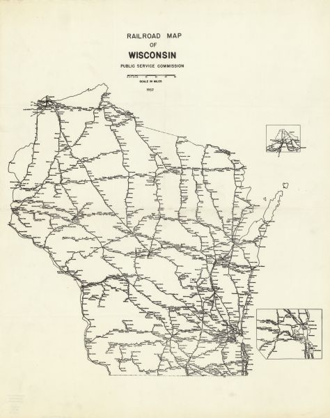 This map shows railroad routes and includes inset maps of Superior and vicinity and Milwaukee and vicinity.