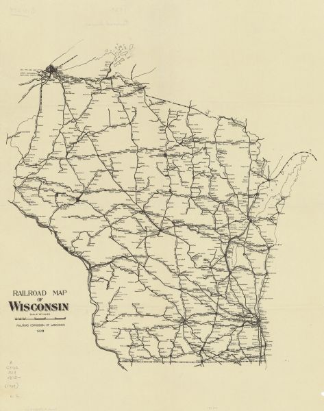 This map shows railroad routes throughout the state.