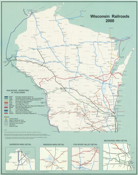 This map shows railroads by operating freight and government agencies, Amtrak stations, ports, rail lines out of service, rail banks, and Rails-to-Trails.  Inset maps include area detail of Milwaukee, Fox River, Madison, and Superior.
