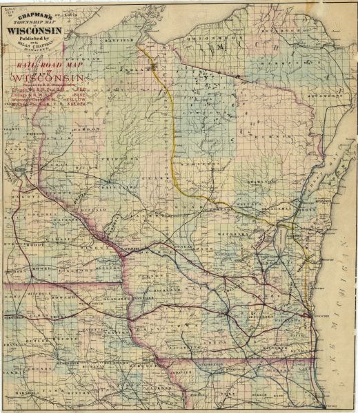 This map shows Chicago Mil. & St. Paul R.R., Chicago & N.W. R.R., Wisconsin Central R.R., and other railroads. Eastern Minnesota, the upper peninsula of Michigan, northeastern Iowa, and northern Illinois are also covered. Counties and Lake Michigan are labeled. Some railroad routes are outlined in blue, red, or yellow.