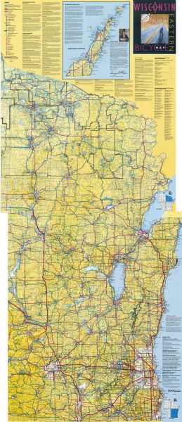 This guide features a map of suggested bike routes. Also included is a legend, text on how to use the map and legend, points of interest, safety tips, and an inset map of Door county peninsula.