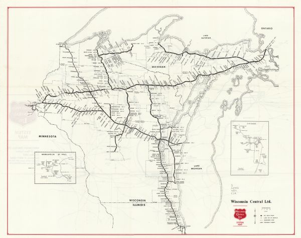This map shows main railroad track, lines out of service, abandoned lines, and trackage rights. The back of the map shows Wisconsin Central Ltd. lines and other railroads lines. The map shows Wisconsin and Michigan's upper peninsula and extends to Minneapolis, Minnesota and Chicago, Illinois. The back of the map covers the northern Midwest from Minnesota to Ohio, as well as a portion of Ontario. Inset maps show Minneapolis, St. Paul, and Chicago.