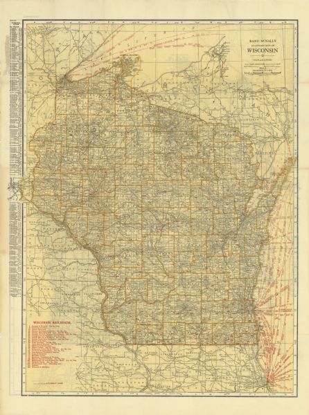 The front of the map reads: "Wisconsin Railroads" and shows railroads, interurban lines, steamship lines sailing from Wisconsin ports, Duluth, Minn., and Chicago. The reverse reads: "Main Highway Map of Wisconsin" and shows "principal trails" and "main auto roads." Also included is an index to principal cities and a numbered list of railroads.