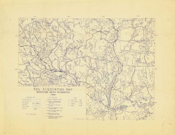 This map shows reservation boundaries, U.S. township lines, highways, roads, rivers, and lakes. The lower left corner of the map includes a legend of "Conventional Signs," "Soil Associations" indicated by numbers, and "Slope" in percentages indicated by letters.