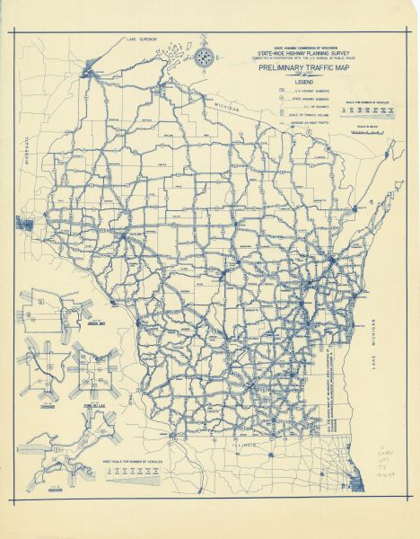 This blue line print map shows highways, the scale of traffic volume, and average 24 hour traffic. Also included are inset maps of Green Bay, Oshkosh, Fond du Lac, and Madison.
