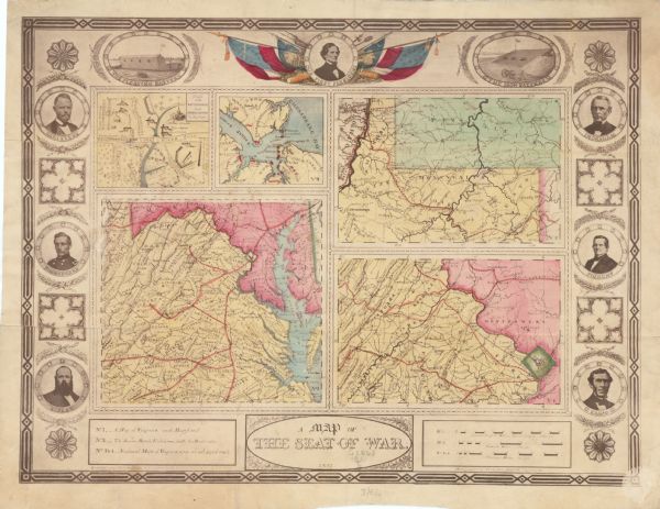 This map was reproduced photographically and issued in Augusta, Ga., in the early days of the Civil War. It includes panels showing Virginia, Maryland, the Confederate batteries on Chesapeake Bay at the mouth of the James River, and the site of the Battle of Bethel Church, or Big Bethel, one of earliest land battles in the war. The map panels are bordered by illustrations of batteries and portraits of seven Confederate leaders.