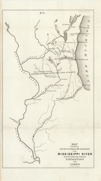 This map, one of a series made by Thomas Jefferson Cram of the U.S. Topographical Engineers from personal surveys, covers the area from Green Bay to the juncture of the Mississippi and Missouri rivers and shows the three canals in progress or proposed that would render navigation possible between Lake Michigan and the Mississippi River. Shown are the Illinois and Michigan Canal, in progress between Chicago and Peru, on the Illinois River; the proposed Milwaukee and Rock River Canal, in Wisconsin; and the canal proposed between Lake Winnebago and the Rock River in Wisconsin. These maps were published with the Report from the Secretary of War, transmitting, in compliance with a resolution of the Senate, copies of reports, plans and estimates for the improvement of the Neenah, Wiskonsin [sic] and Rock rivers, the improvement of the haven of Rock River, and the construction of a pier at the northern extremity of Winnebago Lake, issued in the United States Serial Set as Senate Doc. 318, 26th Congress, 1st session, 1840.