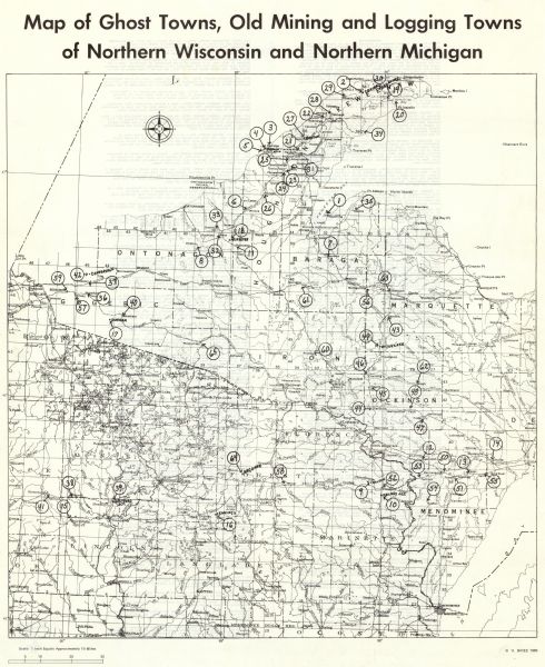 This map shows ghost towns, Indian reservations, lakes, railroads, and rivers. Ghost towns are numbered and listed in a corresponding index.