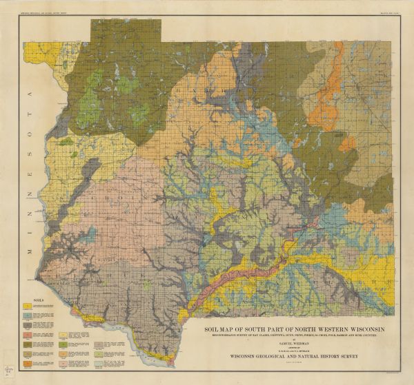 This map shows soil types of towns and counties. A key of 14 soil types is included. The top left margin reads: "Wisconsin Geological and Natural History Survey," and the top right reads: "Bulletin XXIII Plate I." The Minnesota border, Mississippi River, and St. Croix River are labeled along with many other lakes, rivers, and railroads.