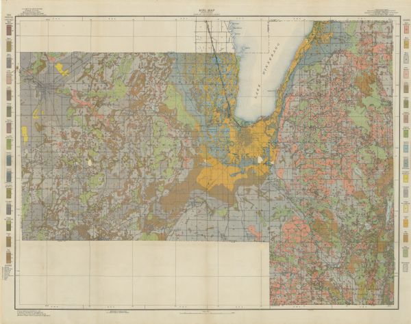This map shows soil types, lakes, rivers, and railroads.  A key of soil profiles and a legend of soil types is included. The bottom margin reads: "Soils surveyed by L.R. Schoenmann and F.L. Musback of the Wisconsin Geological and Natural History Survey, and W.J. Geib, Guy Conrey, and Arthur E.  Taylor of the U.S. Department of Agriculture."