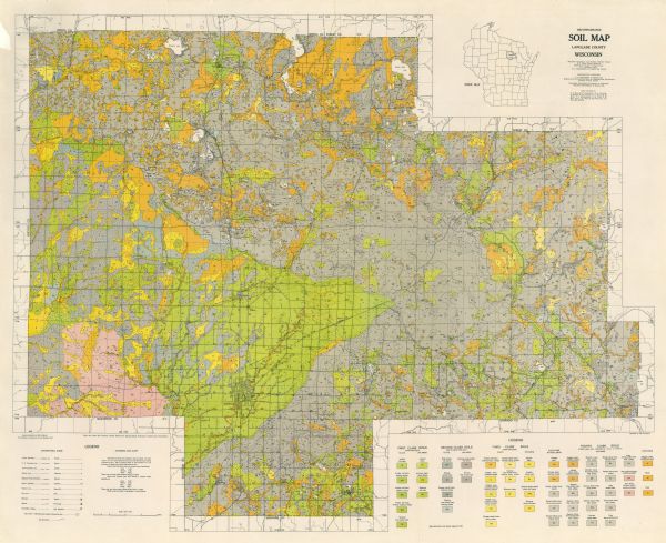This map shows lakes, rivers, railroads, and the soil types of Langlade County. Legends of soil types, conventional signs, and stoniness and slope are included. Relief is shown by contours.