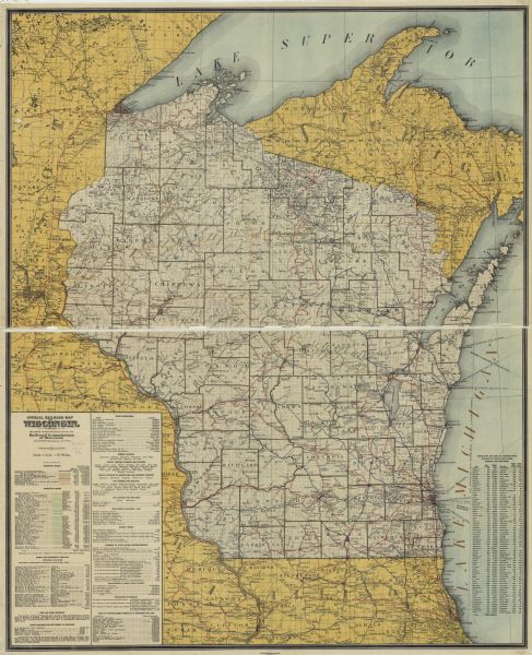 This map shows counties, roads, Lake Superior, Lake Michigan, and portions of surrounding states.  Included is a table of interstate and intrastate railroads, street and interurban railways, fish and game abundant, lands available for settlement in Wisconsin, state institutions, normal schools, county training schools for teachers, county schools of agriculture and domestic economy, day schools for the blind, educational statistics, 1909, school census, summary of cities having superintendents, disbursements in common school finances, expenditures per individual, and value of manufactured products in Wisconsin for 1909. Also included is a table of counties giving area, population, county seat, distance from Madison, and distance from Milwaukee.