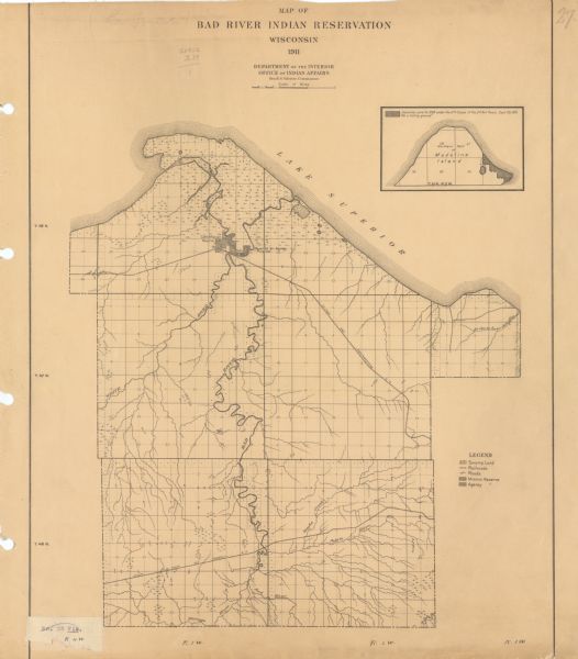 This map shows swamps, railroads, rivers, roads, the Catholic Mission Reserve, the day school, and the Agency Reserve. Lake Superior is labeled. An inset map of the northern part of Madeline Island is also included. The inset map reads: Selected June 18, 1859 under the 2nd Clause of the 2nd Art. Treaty Sept. 30, 1854, "for a fishing ground."