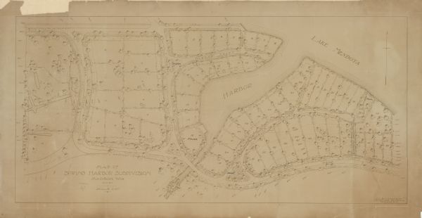 This map shows lot numbers, building lines, roads, trees, and Indian mounds. Relief is shown by contours. Includes manuscript annotations marking parks.