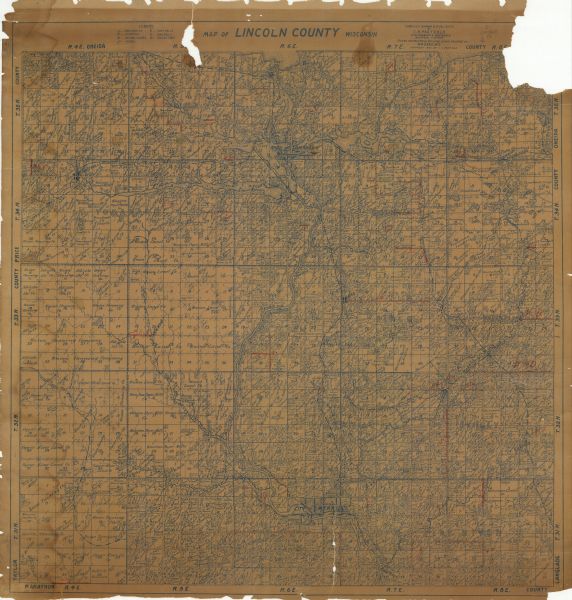 This blue line print map shows townships, landownership, roads, residences, churches, schools, town halls, saw mills, and cheese factories. Includes red manuscript annotations.