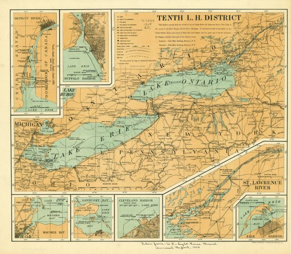This map shows railroads, towns, lights, lights to be established, fog signals, light-vessels, lighted buoys, light-house depots, and light-house reservations. Portions of Michigan, Ohio, Pennsylvania, New York, and Ontario are labeled. A key and inset maps of the Detroit River, the St. Lawrence River, Buffalo Harbor, Erie Harbor, Cleveland Harbor, Sandusky Bay, and Maumee Bay are included. The bottom margin reads:"Taken from: U.S. Light House Board annual report, 1905."

