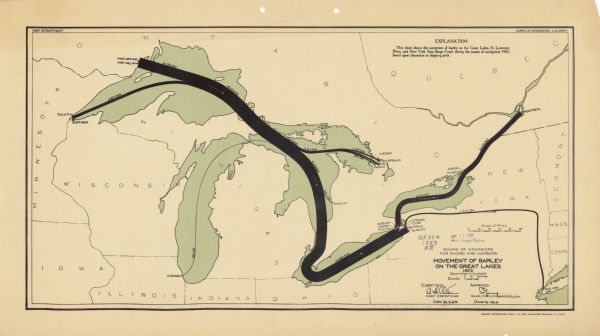 This map includes an explanation that reads: "This chart shows the movement of barley on the Great Lakes, St. Lawrence River, and New York State Barge Canal during the season of navigation 1923, based upon clearances at shipping ports." Portions of Minnesota, Iowa, Illinois, Indiana, Ohio, Michigan, New York, Vermont, Massachusetts, Connecticut, Ontario, and Quebec are shown. Quantities of barley in bushels are labeled.  
