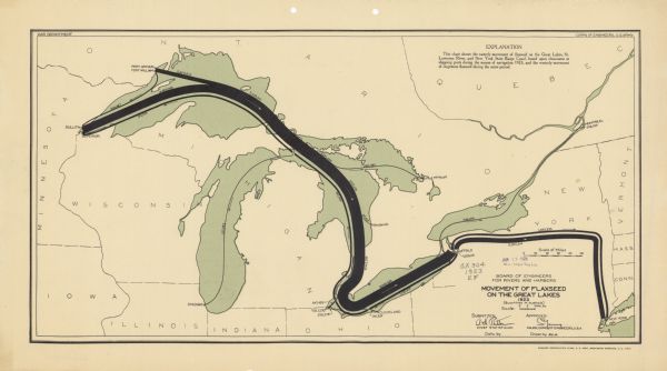 This map includes an explanation that reads: "This chart shows the easterly movement of flaxseed on the Great Lakes, St. Lawrence River, and New York State Barge Canal, based upon clearances at shipping ports during the season of navigation 1923, and the westerly movement of Argentine flaxseed during the same period." Portions of Minnesota, Iowa, Illinois, Indiana, Ohio, Michigan, New York, Vermont, Massachusetts, Connecticut, Ontario, and Quebec are shown. Quantities are labeled in bushels.