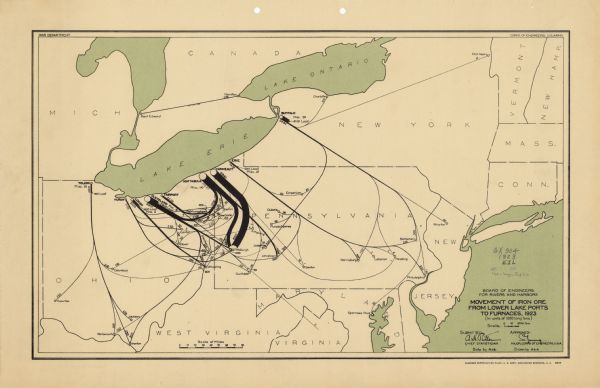 This map shows the movement of iron ore in areas of Ohio, Pennsylvania, New York, New Jersey, Lake Erie, Lake Ontario, and parts of Ontario, Maryland, and Virginia. Quantities are labeled in units of 1000 long tons.