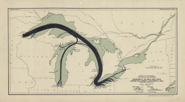 This map shows the movement of iron ore along the Great Lakes. Portions of Minnesota, Iowa, Wisconsin, Illinois, Indiana, Ohio, Michigan, New York, Vermont, Massachusetts, Connecticut, Ontario, Quebec and Canadian railroads are also shown. Quantities are labeled in long tons.