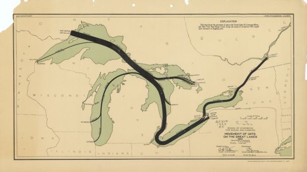 This map includes an explanation that reads: "This chart shows the movement of oats on the Great Lakes, St. Lawrence River, and New York State Barge Canal during the season of navigation 1923, based upon clearances at shipping ports." Portions of Minnesota, Iowa, Wisconsin, Illinois, Indiana, Ohio, Michigan, New York, Vermont, Massachusetts, Connecticut, Ontario, Quebec and Canadian railroads are also shown. Quantities are labeled in bushels.