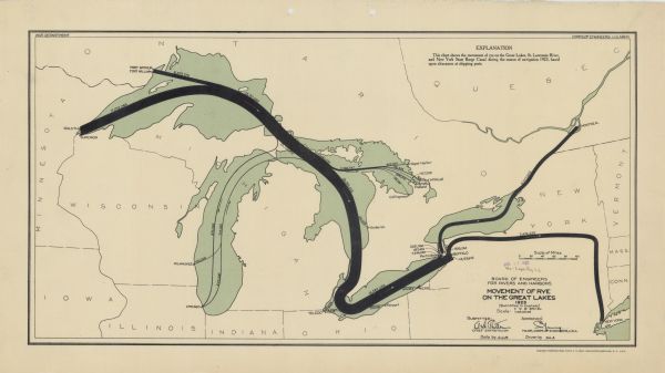 This map includes an explanation that reads: "This chart shows the movement of rye on the Great Lakes, St. Lawrence River, and New York State Barge Canal during the season of navigation 1923, based upon clearances at shipping ports." Portions of Minnesota, Iowa, Wisconsin, Illinois, Indiana, Ohio, Michigan, New York, Vermont, Massachusetts, Connecticut, Ontario, Quebec and Canadian railroads are also shown. Quantities are labeled in bushels.