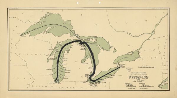 This map shows the movement of stone to cities along the Great Lakes. Portions of Minnesota, Iowa, Wisconsin, Illinois, Indiana, Ohio, Michigan, New York, Vermont, Massachusetts, Connecticut, Ontario, Quebec are also shown. Quantities are labeled in short tons.