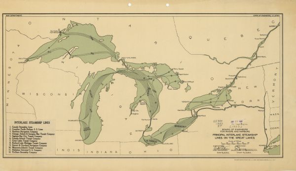 This map shows steamship lines and cities along the Great Lakes. Portions of Minnesota, Iowa, Wisconsin, Illinois, Indiana, Ohio, Michigan, New York, Vermont, Massachusetts, Connecticut, Ontario, Quebec are also shown. The bottom left margin includes a key to the steamship lines.