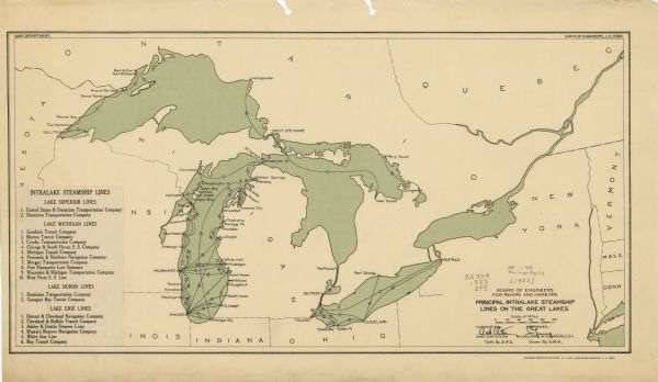 This map shows steamship lines and cities along the Great Lakes. Portions of Minnesota, Wisconsin, Illinois, Indiana, Ohio, Michigan, New York, Vermont, Massachusetts, Connecticut, Ontario, Quebec are also shown. The bottom left margin includes a key to the steamship lines.