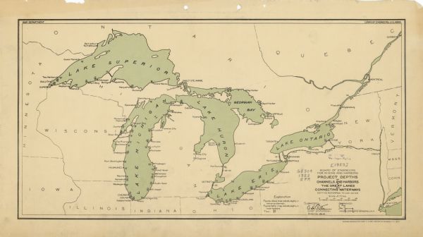This map shows portions of Minnesota, Iowa, Wisconsin, Illinois, Indiana, Ohio, Michigan, New York, Vermont, Massachusetts, Connecticut, Ontario, and Quebec. Also included is an explanation that reads: "Figures above lines indicate depths in entrance channels. Figures below lines indicate depths in inner harbors." Cities along the Great Lakes are labeled.