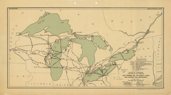 This map shows portions of Minnesota, Iowa, Wisconsin, Illinois, Indiana, Ohio, Michigan, New York, Vermont, Massachusetts, Connecticut, Ontario, and Quebec, car ferries, and railroads. An explanation of car ferries is included in the lower right margin.