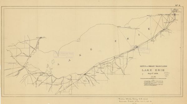 This map shows towns, railroads, and rivers in Ohio, Michigan, Pennsylvania, New York, and Ontario that surround Lake Erie. A key to completed and uncompleted triangulation is included. Inscribed in black ink, the bottom the map reads: "From 44th Cong. 2nd sess. House Exec. Doc. no. 1 pt. 2 1876."