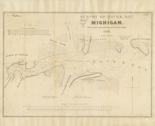 This map shows Havre Bay, a part of Maumee Bay, parts of Indian Island, Gard’s Island (Michigan), the Ottawa River, Vance River, creeks, and Ottawa Point (Toledo, Ohio). Relief is shown by hachures and depths are shown by soundings and isolines. Includes a cross section: Development of the channel on the line abc. The top right margin reads: "25 Cong. 2 Sessn. S. Doc. No. 175." The top left margin is signed "Lapham."