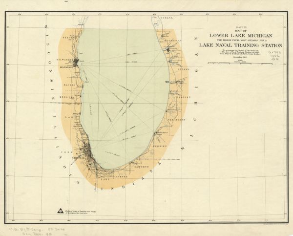 This map covers the area adjacent to Lake Michigan in parts of Wisconsin, Illinois, Michigan, and Indiana. Also shown is the position of the center of population of the 9 states of the region of the Great Lakes. Depths are shown by isolines. Written in pencil, the bottom left margin reads: "U.S. 57th Cong. 2d Sess. Sen. Doc. 45."