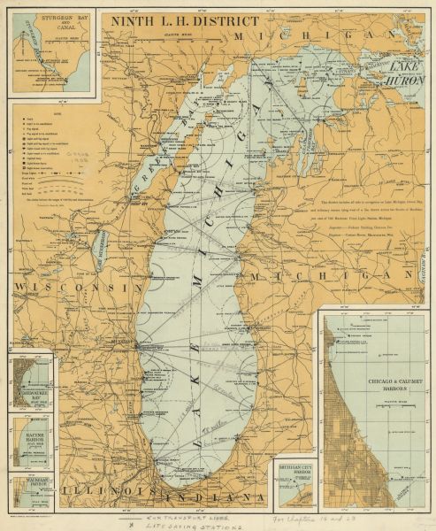 This map shows railroads, towns, lights, lights to be established, fog signals, light-vessels, lighted buoys, light-house depots, and light-house reservation in portions of Wisconsin, Michigan, Illinois, and Indiana. Lake Michigan, Lake Huron, Lake Winnebago, and other lakes and rivers are labeled. The right margin reads: "This district includes all aids to navigation on Lake Michigan, Green Bay, and tributary waters lying west of a line drawn across the Straits of Mackinac just east of Old Mackinac Point Light-Station, Michigan." Manuscript annotations show car transport lines and life saving stations. Insets include Sturgeon Bay and Canal, Chicago & Calumet Harbors, Michigan City Harbor, Waukegan Harbor, Racine Harbor, and Milwaukee Bay.