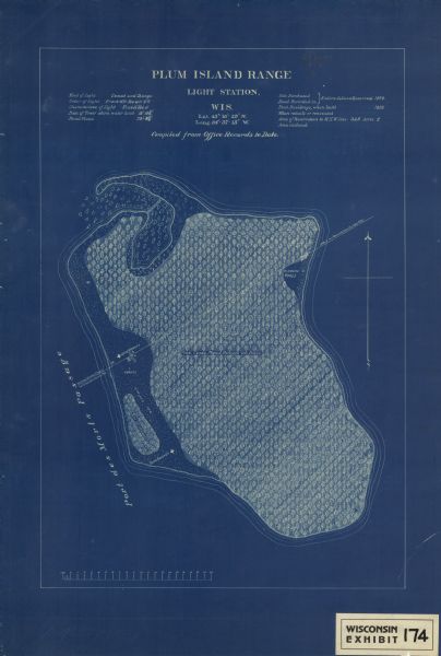 This blue line print map shows land use, cables, U.S.L.S.S. walk and clearing, and front and rear range lights on the Porte des Morts Passage. Tree types are labeled. Includes data about light characteristics and history of site and a bar scale without units labeled. A mounted label on bottom margin reads: "Wisconsin exhibit 174."