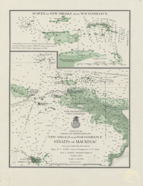 This map shows shoals near Waugoshance Point. Lighthouses are labeled. Depths are shown by soundings and tints. Relief is shown by hachures. Inset includes survey of new shoals near Waugoshance.