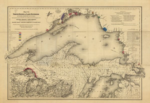 This map shows railroads, canals, towns and some lighthouses. Areas of the company lands proper, tin, iron, gold & silver, silver islet, and lead are colored in either red, blue, brown, green, yellow, or purple. A key, notes, and explanations are also included. An inset map shows the geographical relation of the north shore of Lake Superior with the other Great Lakes and the Atlantic coast of the Union. Portions of Minnesota, Wisconsin, Iowa, Illinois, Indiana, Ohio, Pennsylvania, New York, Vermont, Massachusetts, Connecticut, and Ontario are labeled.
