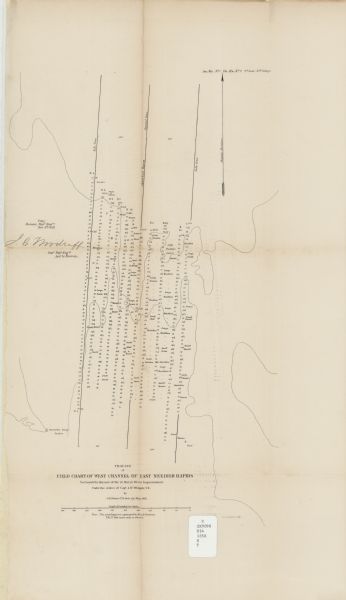 This map shows the depth of the West Channel and the different types of minerals that make up the floor bed. The steamboat range station is labeled. A note is included that reads: "The soundings are expressed in feet & fractions. The 12 feet curve only is drawn."